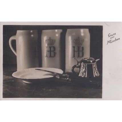 Munchen German Beer Tankard Dinner Plate Cutlery Old Real Photo Postcard