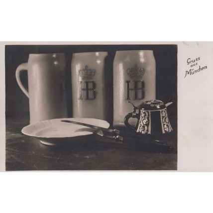 Munchen Germany Tankard Beer Glass Jug Cutlery Antique RPC Postcard
