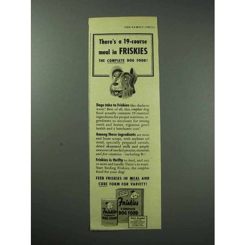 1943 Friskies Dog Food Ad - A 19-Course Meal
