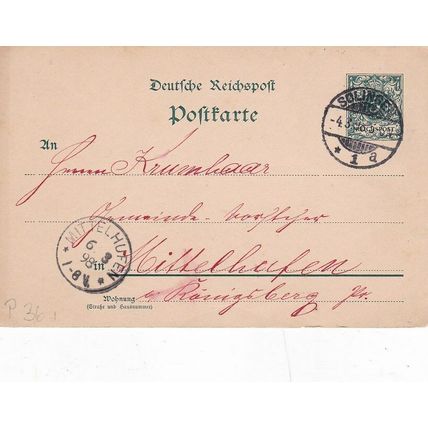 Germany 1898 Solingen to Mittelhufen 5pf Postal card written both cancels VGC