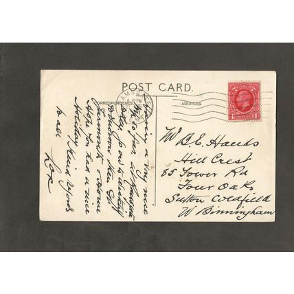 Genealogy Postcard Mr B E Haeeds 85 Tower Road Four Oaks Sutton Coldfield 1916