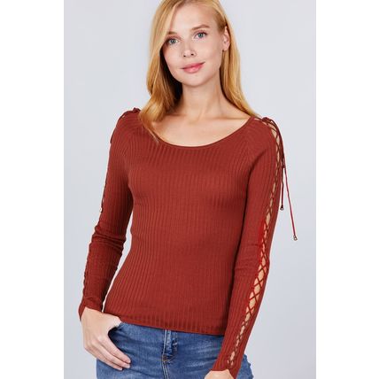 Long Sleeve W/strappy Detail Round Neck Rib Sweater Top