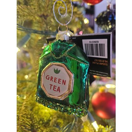 Tea Bag Ornaments - Set of Two Black Tea & Green Tea - Shiny Glass