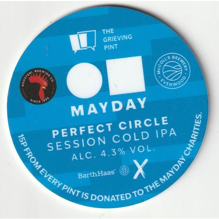 UNUSED KEG CLIP FRONT - ROOSTER & McCOLLS BREWERIES - MAYDAY PERFECT CIRCLE IPA