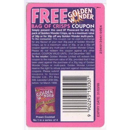 UK BT Phone Card - Golden Wonder - Prawn Cocktail - Special Edition - 1998