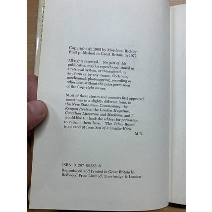 1972 1ST UK EDITION MORDECAI RICHLER "THE STREET: A MEMOIR" HARDBACK BOOK (P3)