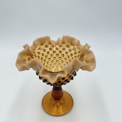 Fenton Art Glass Root Beer Opalescent Gradient Hobnail Ruffled Compote 6”
