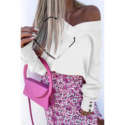 White Knitted V Neck Buttoned Cuffs Sweater