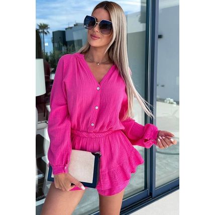 Rose Textured Tiered Ruffled Buttoned Long Sleeve Romper