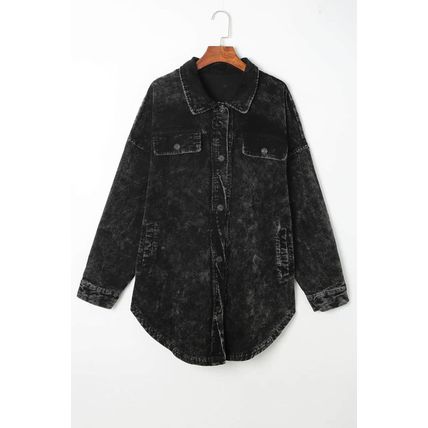 Black Vintage Distressed Mineral Wash Oversized Shacket