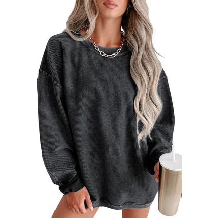 Black Solid Ribbed Knit Round Neck Pullover Sweatshirt
