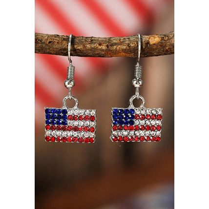 Fiery Red Rhinestone USA Flag Squared Drop Earrings
