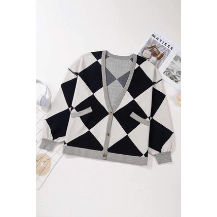 Black Colorblock Drop Shoulder Buttoned Loose Cardigan