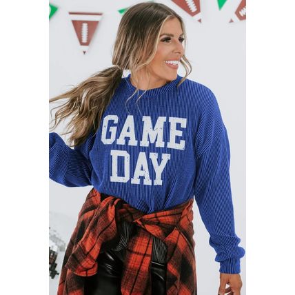 Bluing Corded GAME DAY Graphic Long Sleeve Crewneck Top