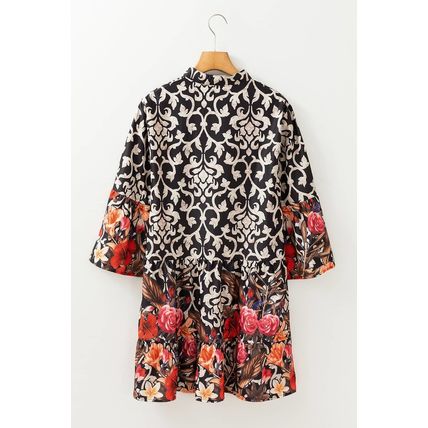 Black Retro Floral Mixed Print Split Neck A-line Dress