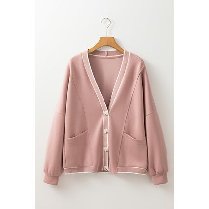 Pink Stripe Contrast Trim V Neck Buttoned Front Pocketed Knit Cardigan