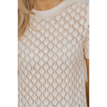 Beige Hollow Out Crochet O Neck Short Sleeve Sweater Tee