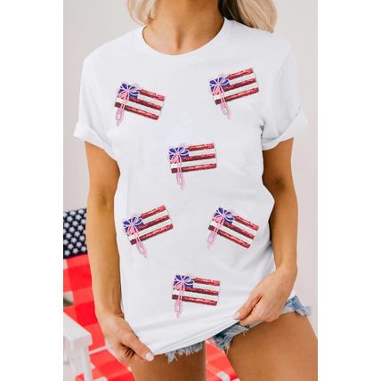 White Sequin Bow American Flag Patched T Shirt