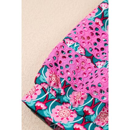 Sachet Pink V-Neck Ruffle Abstract Floral Print Puff Sleeve Top