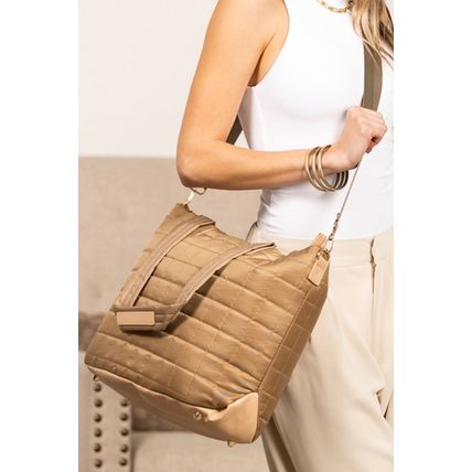Camel Quiled Patchwork Large Tote Bag and Clutch 2pcs Set