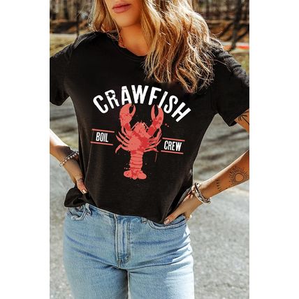 Black CRAWFISH BOIL CREW Distressed Letter Graphic T Shirt
