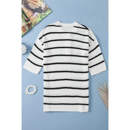 White Stripe Henley Buttoned Placket Drop Shoulder Bracelet Sleeve Knit Sweater