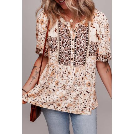 Khaki Boho Floral Print Half Placket Short Sleeve Loose Blouse
