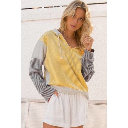 Yellow Stripe Color Block Drawstring V Neck Loose Fit Hooded Top