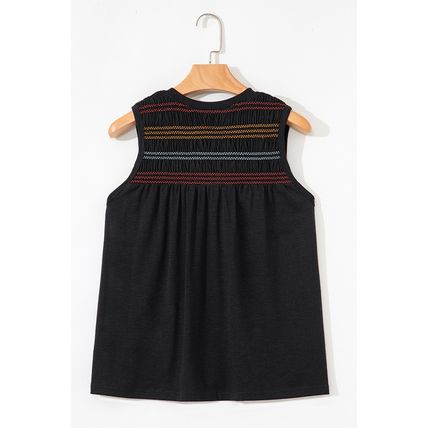 Black Colorful Shirred Yoke Notched V Neck Tank Top