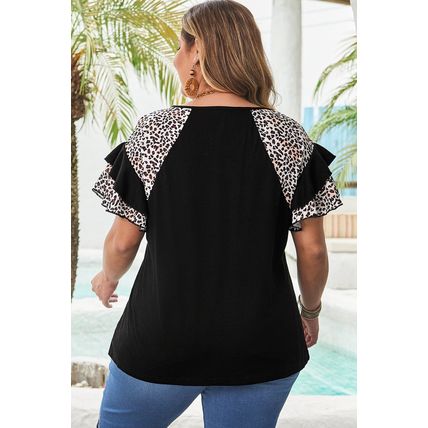 Black Leopard Ruffle Patchwork Sleeve Plus Size Summer Top
