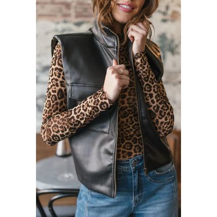 Black Double Flap Pocket Faux Leather Zip Up Stand Neck Vest