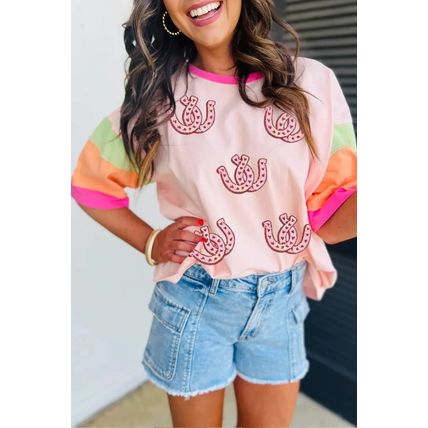 Pink Sequined Horseshoes Pattern Colorblock Half Sleeve Patchwork Tee