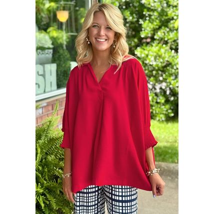 Fiery Red V Neck Collared Shirred 3/4 Sleeve Oversized Tunic Top