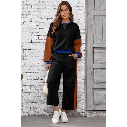 Black 2pcs Color Block Pullover Loose Pant Set