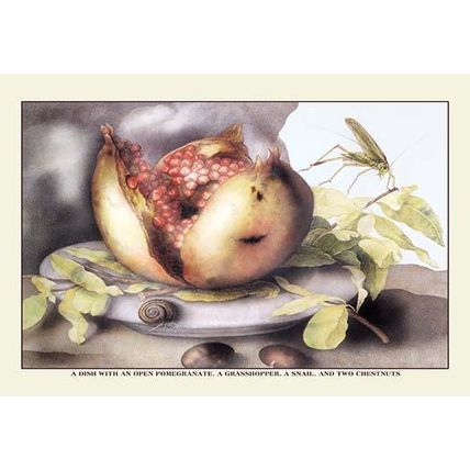 A Dish with a Pomegranate, a Grasshopper, a Snail, and Two Chestnuts 12 x 18 Pos