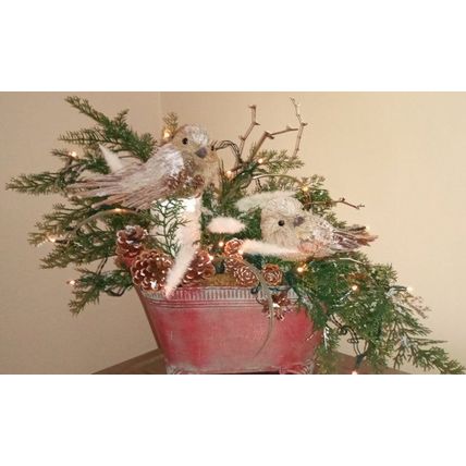 Artificial Winter Arrangement: 2 Beige Birds-White Plumes-Greenery in Metal Vase