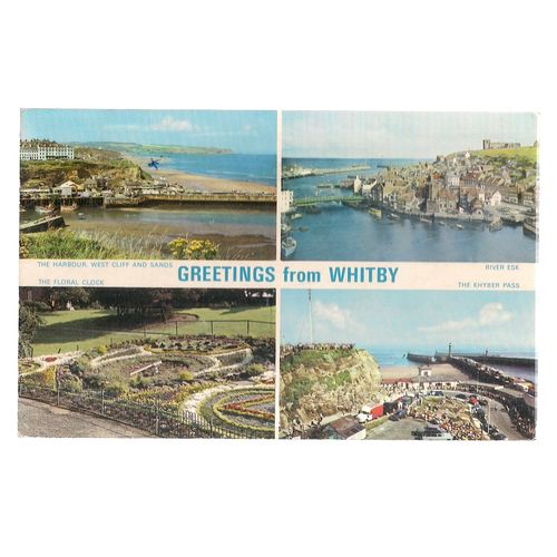 WHITBY, Yorkshire .multi-view .. vintage used postcard by Dennis 1973 postmark =