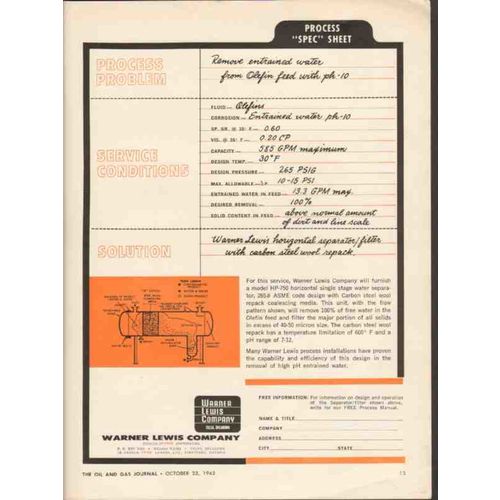 WARNER LEWIS COMPANY 1962 horizontal separator filter oil vintage ad