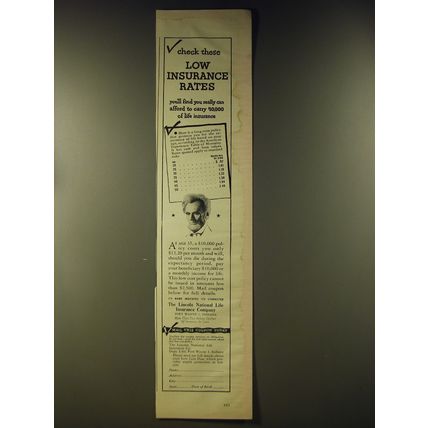 1946 Lincoln National Life Insurance Advertisement - Check these low rates