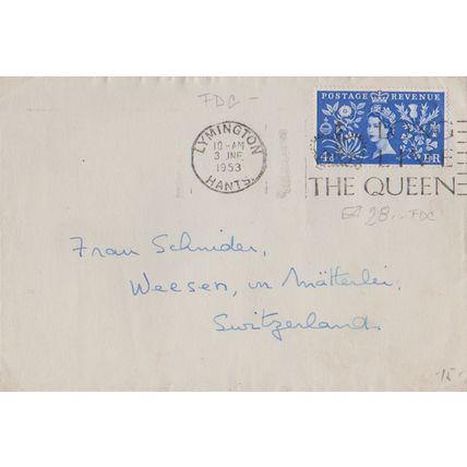 GB 1953 Coronation 4d FDC Lymington postmark