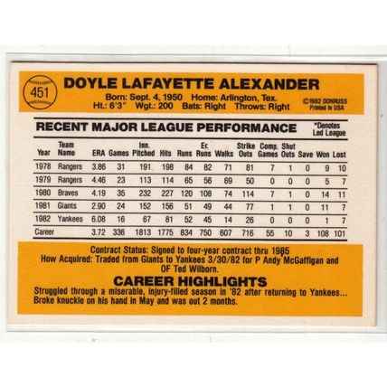 1983 Donruss baseball card 451 Doyle Alexander