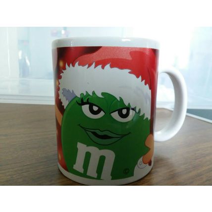 M&M , The GREEN Candy Character. Holiday Version Advertising. Coffee Mug Cup.