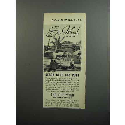1952 The Cloister Resort Ad - Sea Island Georgia Beach club and pool