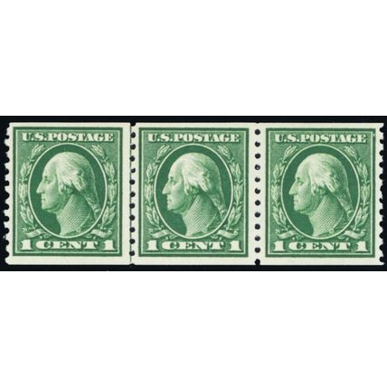 443, Mint VF NH 1¢ Scarce Coil Line Strip of 3 Stamps - Stuart Katz