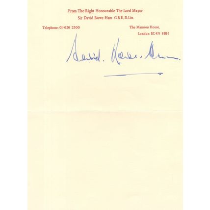 David Rowe-Ham 1980s London Mayor Hand Signed Letter Autograph