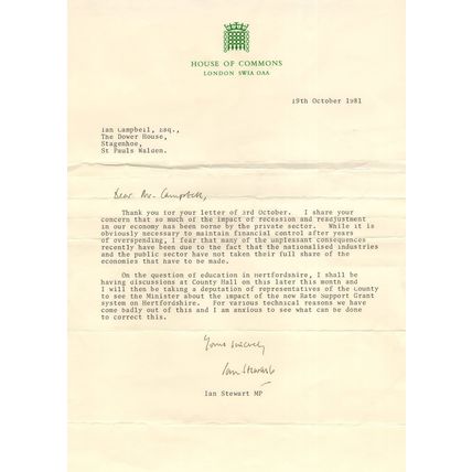 Ian Stewart Hitchin Herts Conservative MP Recession Hand Signed 1981 Letter
