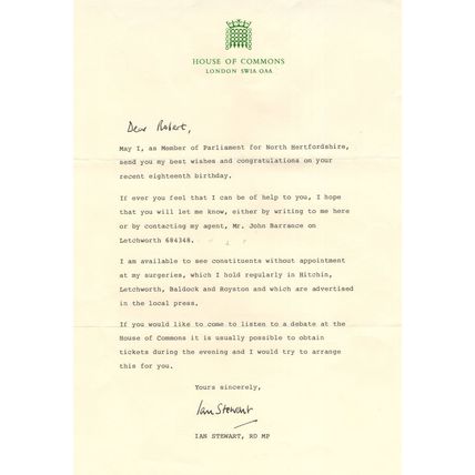 Ian Stewart Hitchin Herts Conservative MP 18th Birthday Invitation Letter