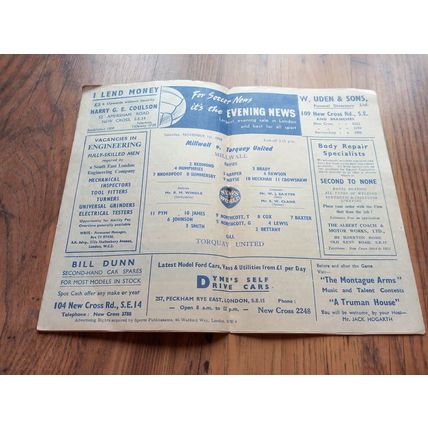 1958/59 Millwall vs Torquay - Division 4, 1/11/1958 ** FREE P&P **