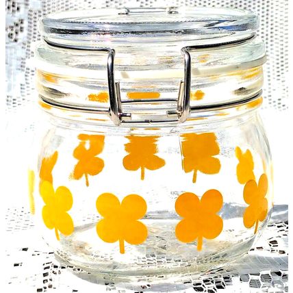 Vintage Ikea Sommar Clear Glass Storage Jar Yellow Clover Leaf Hinged Sealed Lid