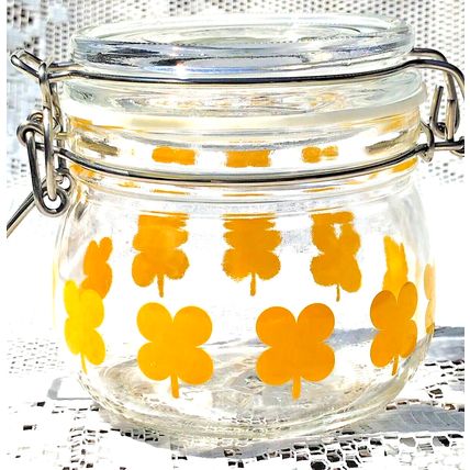 Vintage Ikea Sommar Clear Glass Storage Jar Yellow Clover Leaf Hinged Sealed Lid